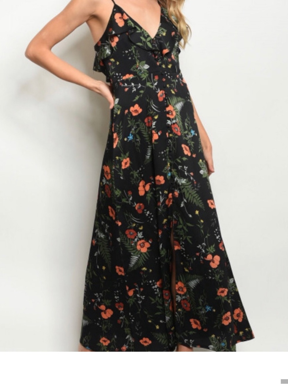 Black Floral Maxi Dress with Orange Bloom Accents